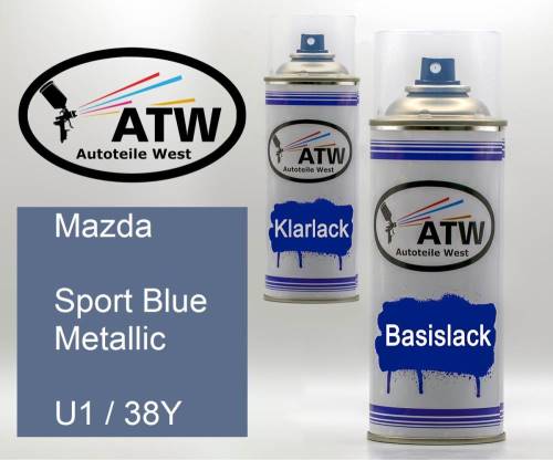 Mazda, Sport Blue Metallic, U1 / 38Y: 400ml Sprühdose + 400ml Klarlack - Set, von ATW Autoteile West.